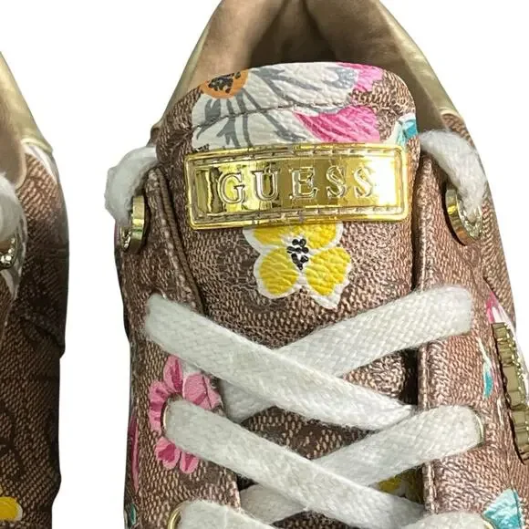 Guess Loven Sneakers Women's Size 9.5 M Casual Lace-up Logo Brown Pink Floral - Picture 2 of 15